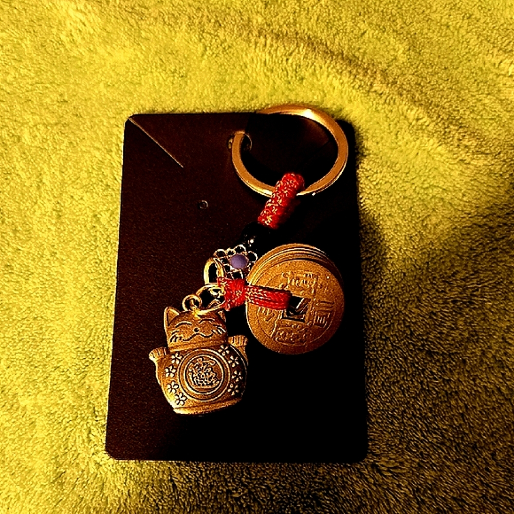 Gold Luck Oriental Cat Keychain with Red Accents
